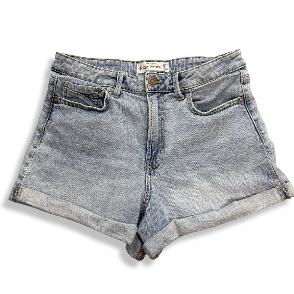 Stradivarius Shorts Womens Size US 10 Mom Slim Fit High Rise Blue Denim Cuffed - Picture 1 of 7